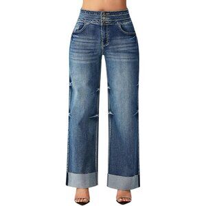Women's High Waisted Stretch Wide Leg Denim Jeans Cuffed Baggy Pants
